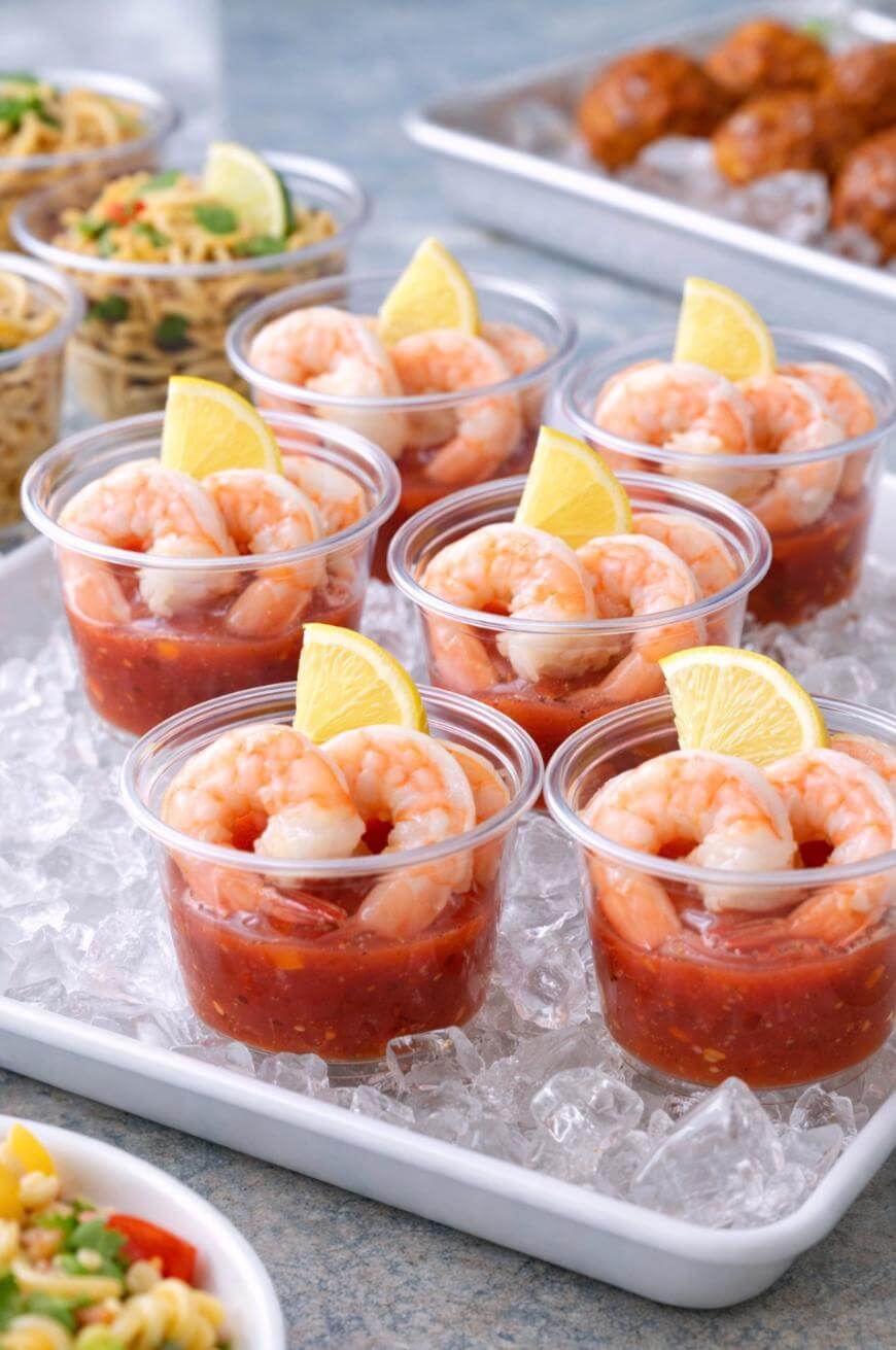 Six clear cups filled with cocktail sauce, shrimp, and lemon wedges are arranged on a tray of ice. Other dishes are blurred in the background.