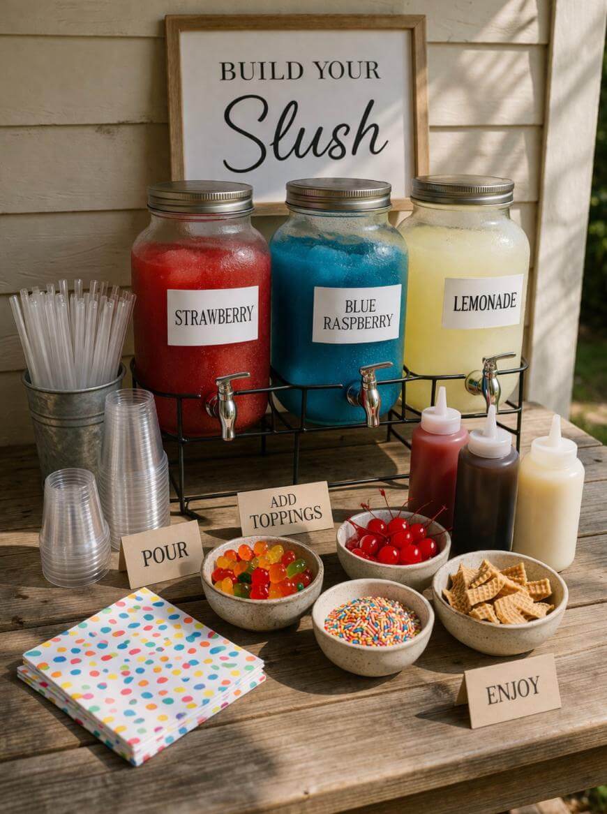 A slushie bar setup with jars of strawberry, blue raspberry, and lemonade slush drinks, cups, straws, napkins, syrups, and bowls of toppings like gummy bears, cherries, sprinkles, and graham crackers. Signs read “Build Your Slush.”.