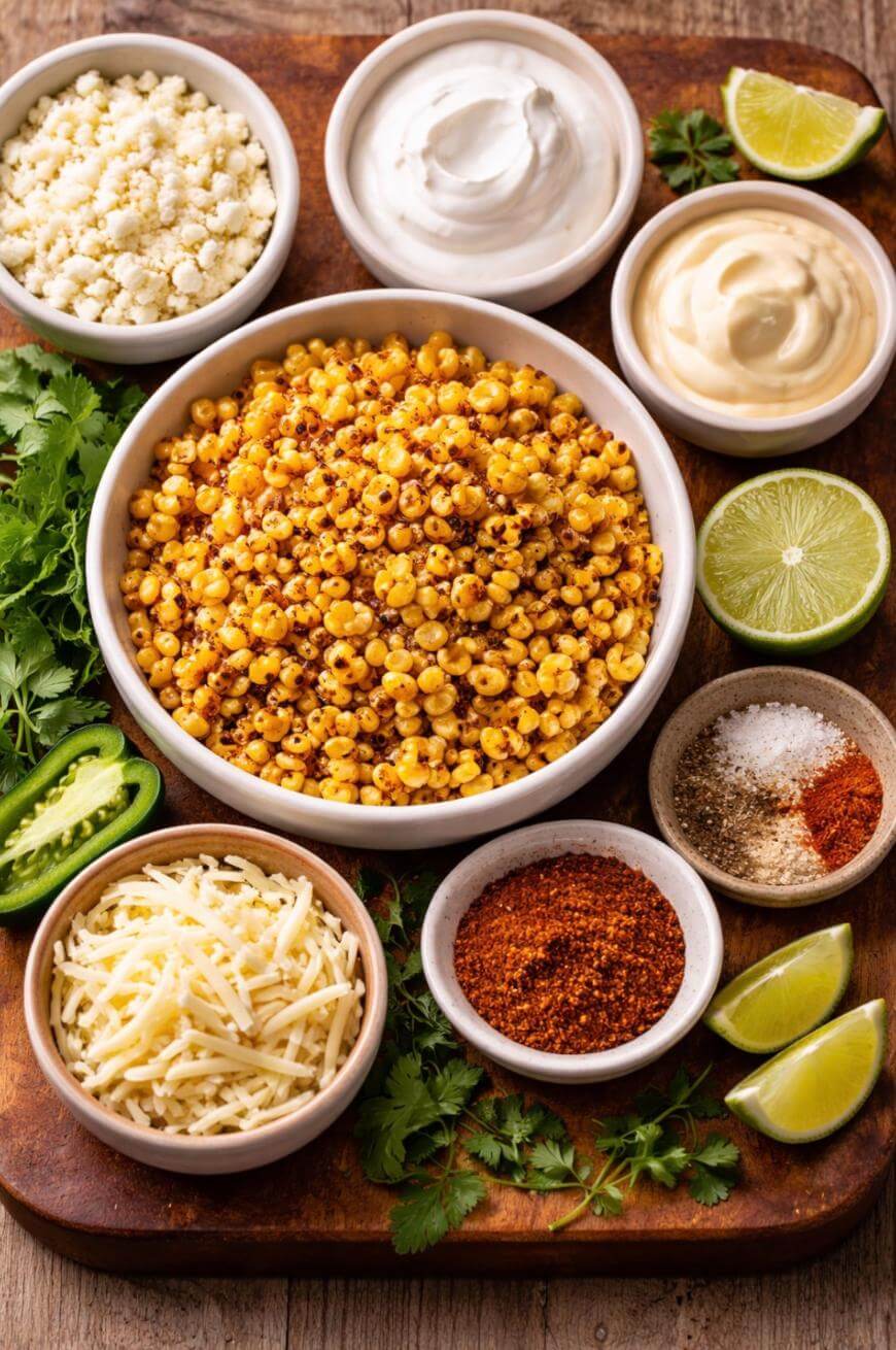 A bowl of Mexican street corn surrounded by small bowls of cheese, sour cream, mayonnaise, grated cheese, spices, lime wedges, and sliced jalapeño on a wooden board with fresh cilantro.