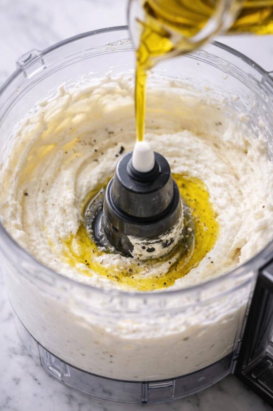 Olive oil being poured into a food processor bowl filled with creamy whipped feta cheese, with black pepper and herbs visible on top.