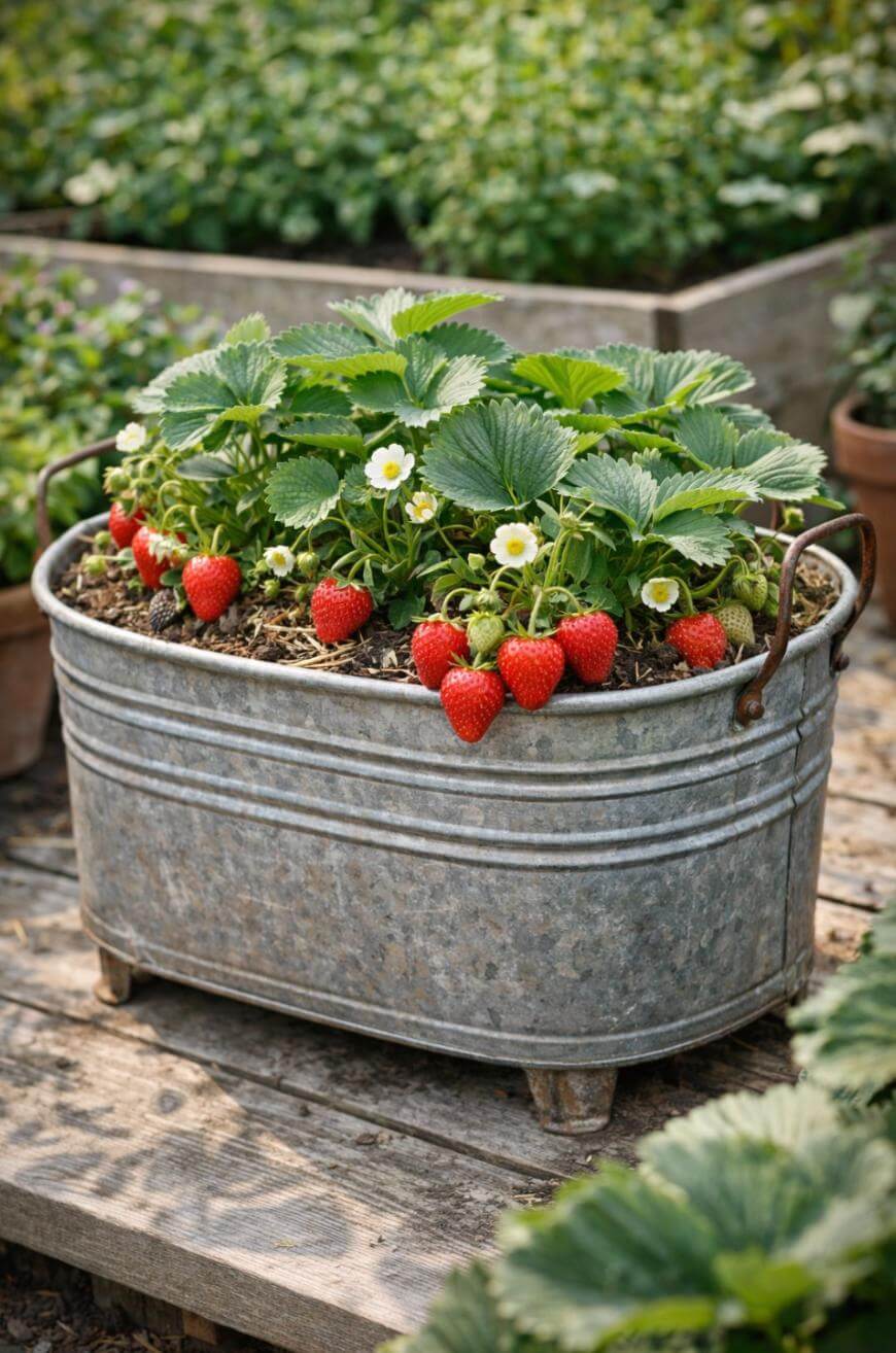 A galvanized metal tub filled with soil and thriving strawberry plants, bearing ripe red strawberries and white blossoms, sits on a wooden surface in a garden setting.