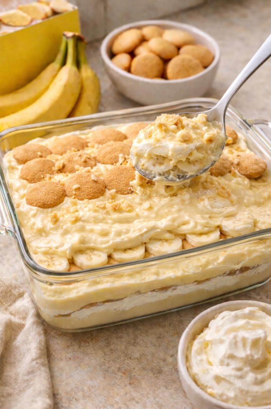 A glass baking dish filled with banana pudding layered with vanilla wafers and banana slices, with a spoon lifting a serving. Bowls of whipped cream and vanilla wafers, and a bunch of bananas are nearby.