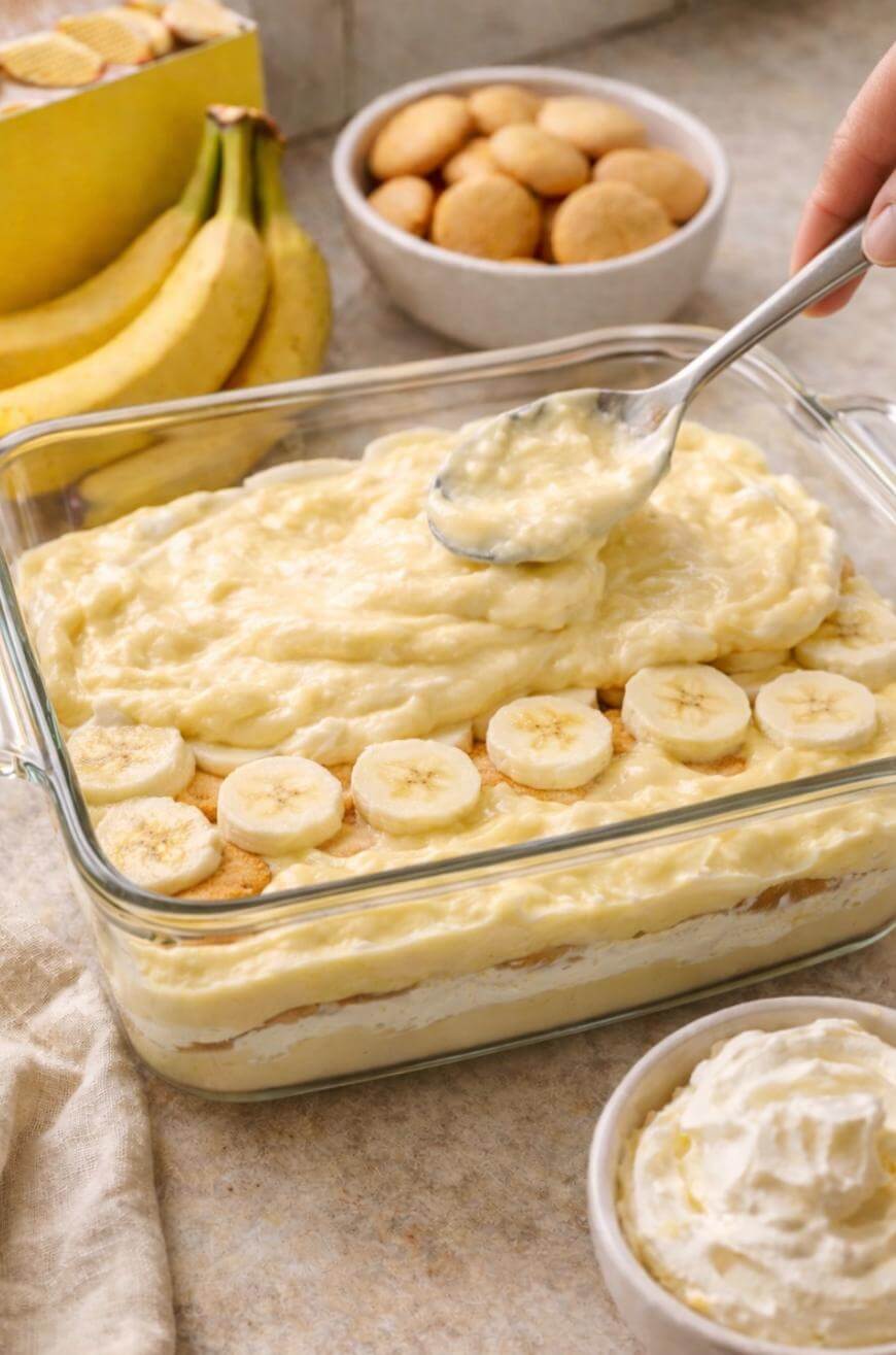 A hand spreads creamy banana pudding over a layer of banana slices and vanilla wafers in a glass dish. Nearby are a bowl of vanilla wafers, fresh bananas, and a bowl of whipped cream.