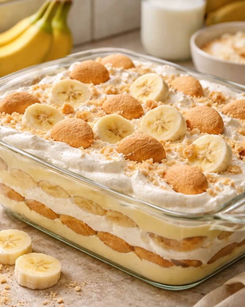 A glass dish filled with layered banana pudding, featuring sliced bananas, whipped cream, and vanilla wafer cookies on top. Whole bananas and extra wafers are visible in the background.