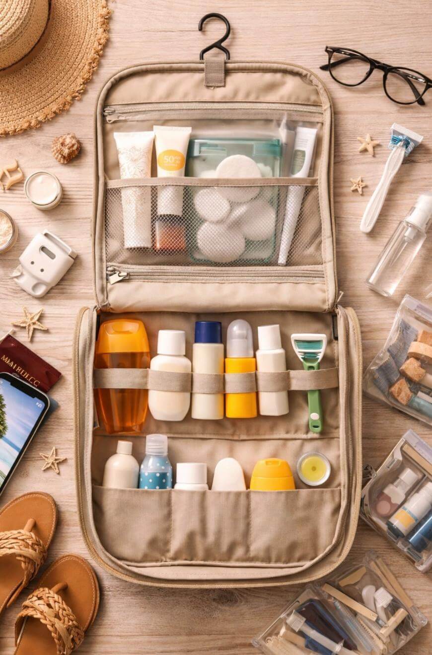 Beige travel toiletry bag open to show neatly organized bottles, tubes, a razor, and other toiletries. Surrounding items include sandals, a hat, glasses, plug adaptor, and travel-sized essentials on a tan surface.