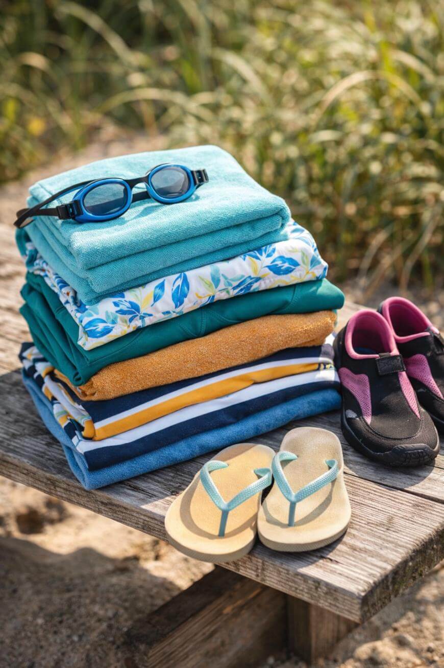 A stack of colorful folded beach towels with swim goggles on top, next to a pair of flip-flops and water shoes, all placed on a wooden bench outdoors near sandy ground and tall grass.