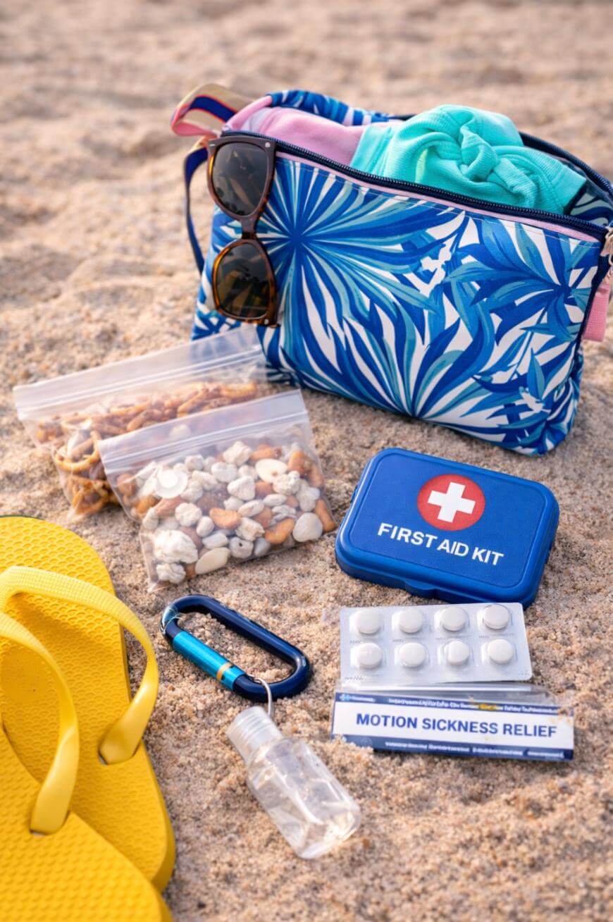 A beach scene with a blue patterned bag, sunglasses, a green towel, yellow flip-flops, snack bags, seashells, a first aid kit, motion sickness tablets, hand sanitizer, and a carabiner, all on sand.
