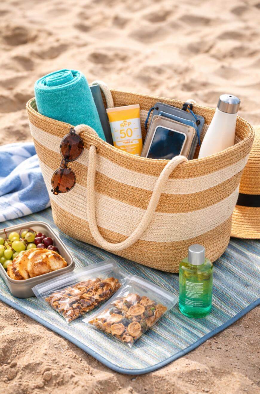 A striped beach bag with a towel, sunscreen, phone, water bottle, and sunglasses sits on a mat in the sand. Nearby are snacks, grapes, and a bottle of green lotion, with a hat and towel beside them.