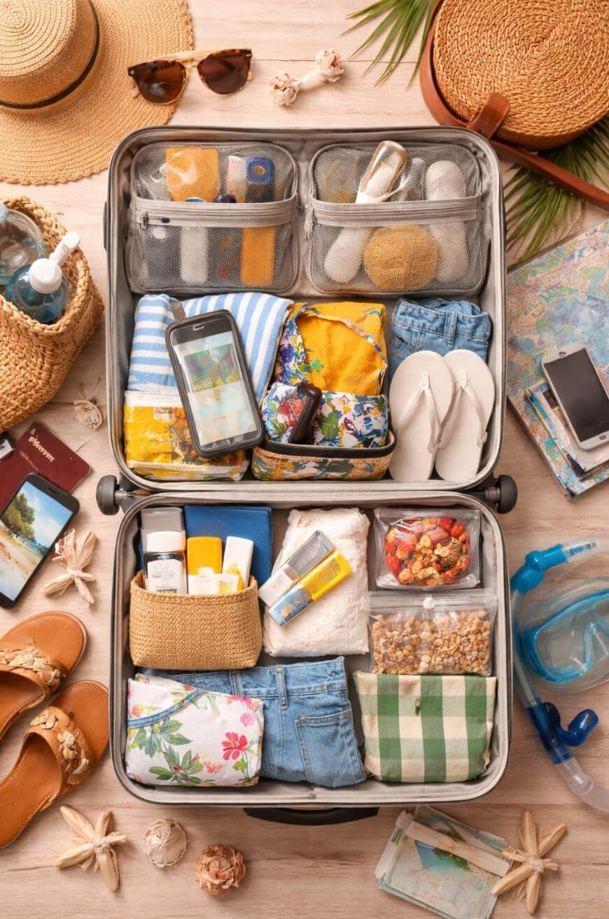 Open suitcase neatly packed with summer clothes, sandals, toiletries, snacks, sunscreen, and a smartphone; surrounded by travel essentials like a hat, sunglasses, map, camera, water bottle, snorkeling gear, and a woven handbag.