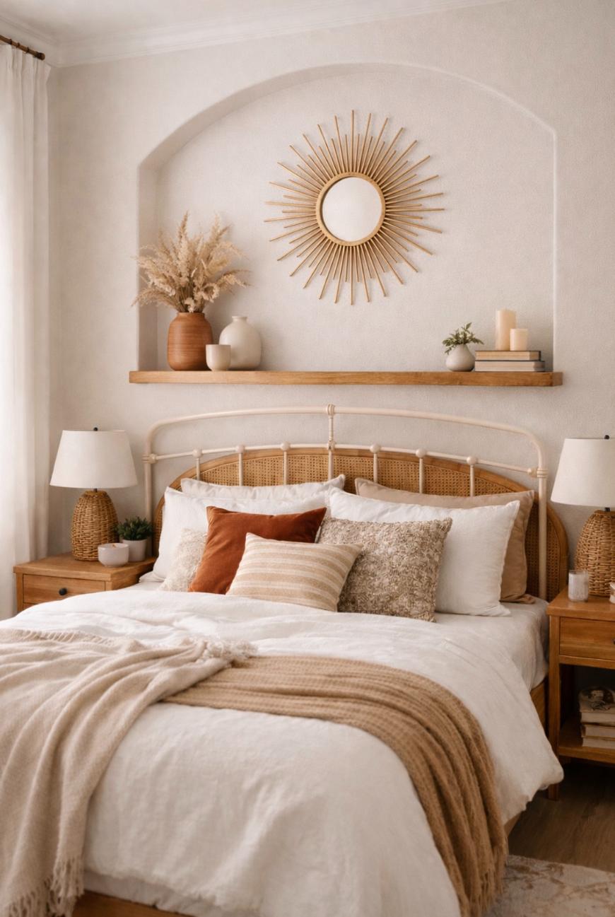 A cozy bedroom with a rattan bed, neutral bedding, earth-toned pillows, a beige throw, wooden nightstands with lamps, a shelf with vases and candles, and a sunburst mirror on the wall above the bed.