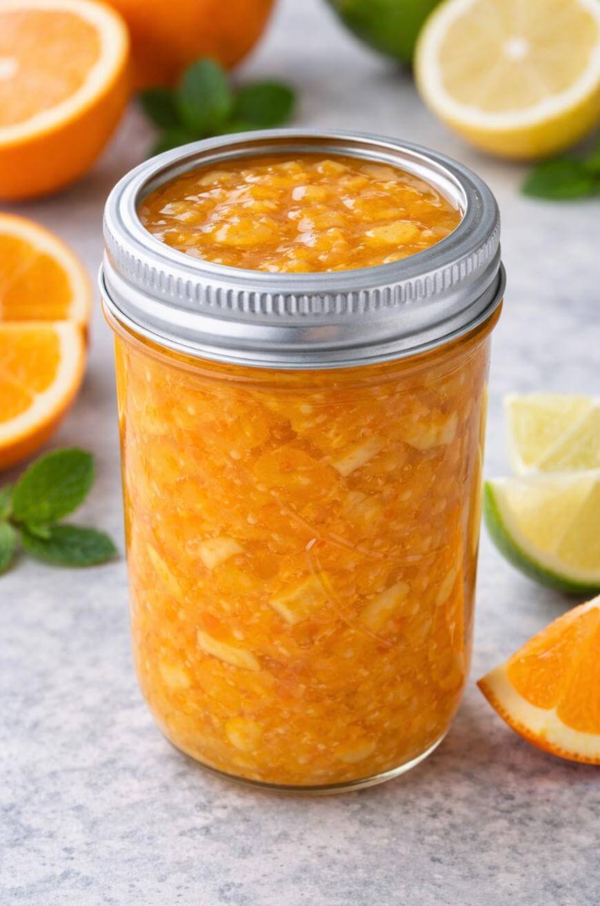 A glass jar filled with orange marmalade sits on a light surface, surrounded by fresh orange and lime slices and green mint leaves. The marmalade appears chunky and vibrant in color.