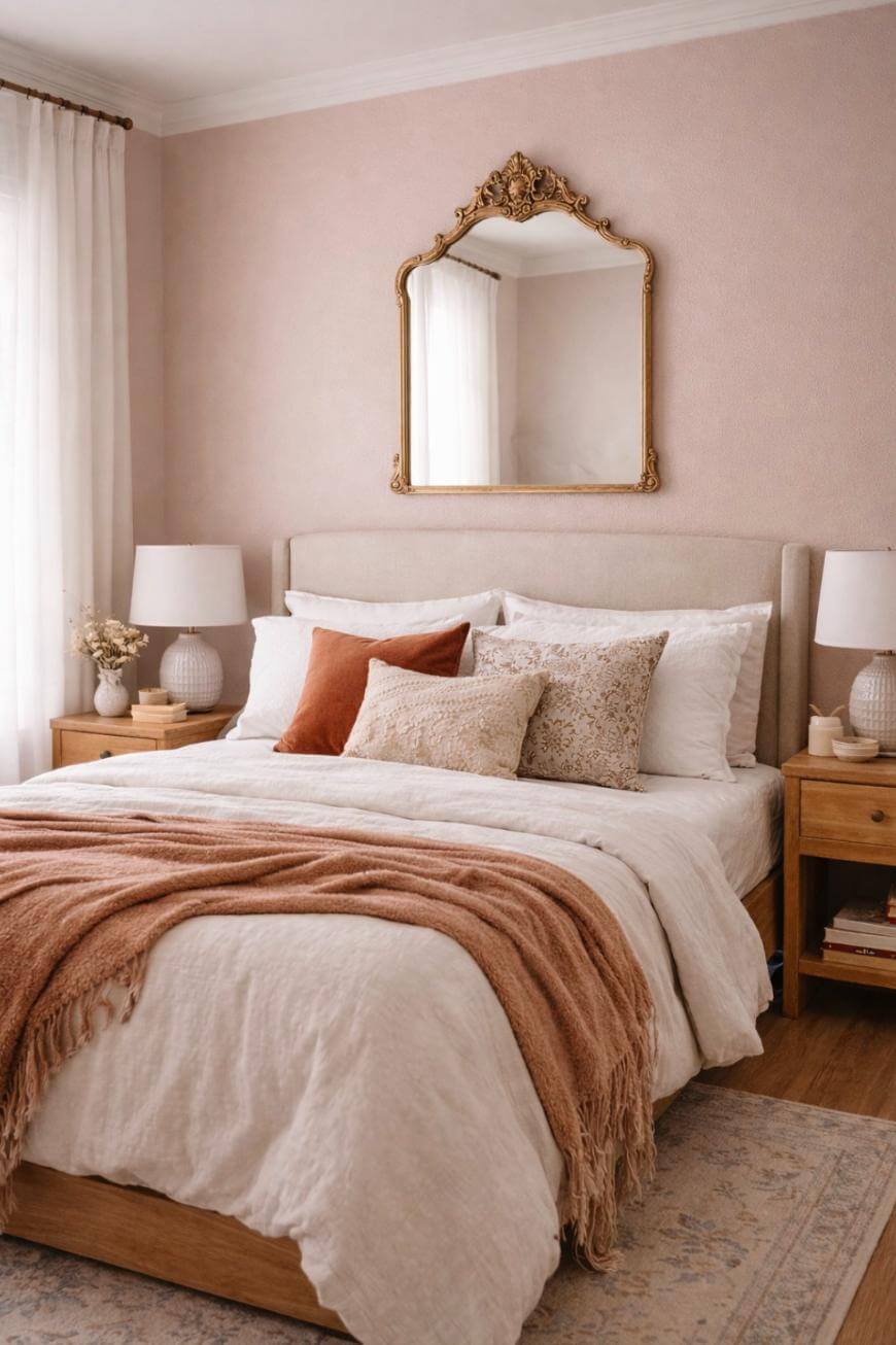 Cozy bedroom with a beige upholstered bed, decorative pillows, a rust-colored throw blanket, two wooden nightstands with lamps, sheer curtains, dried flowers in a vase, and a gold-framed mirror above the bed.