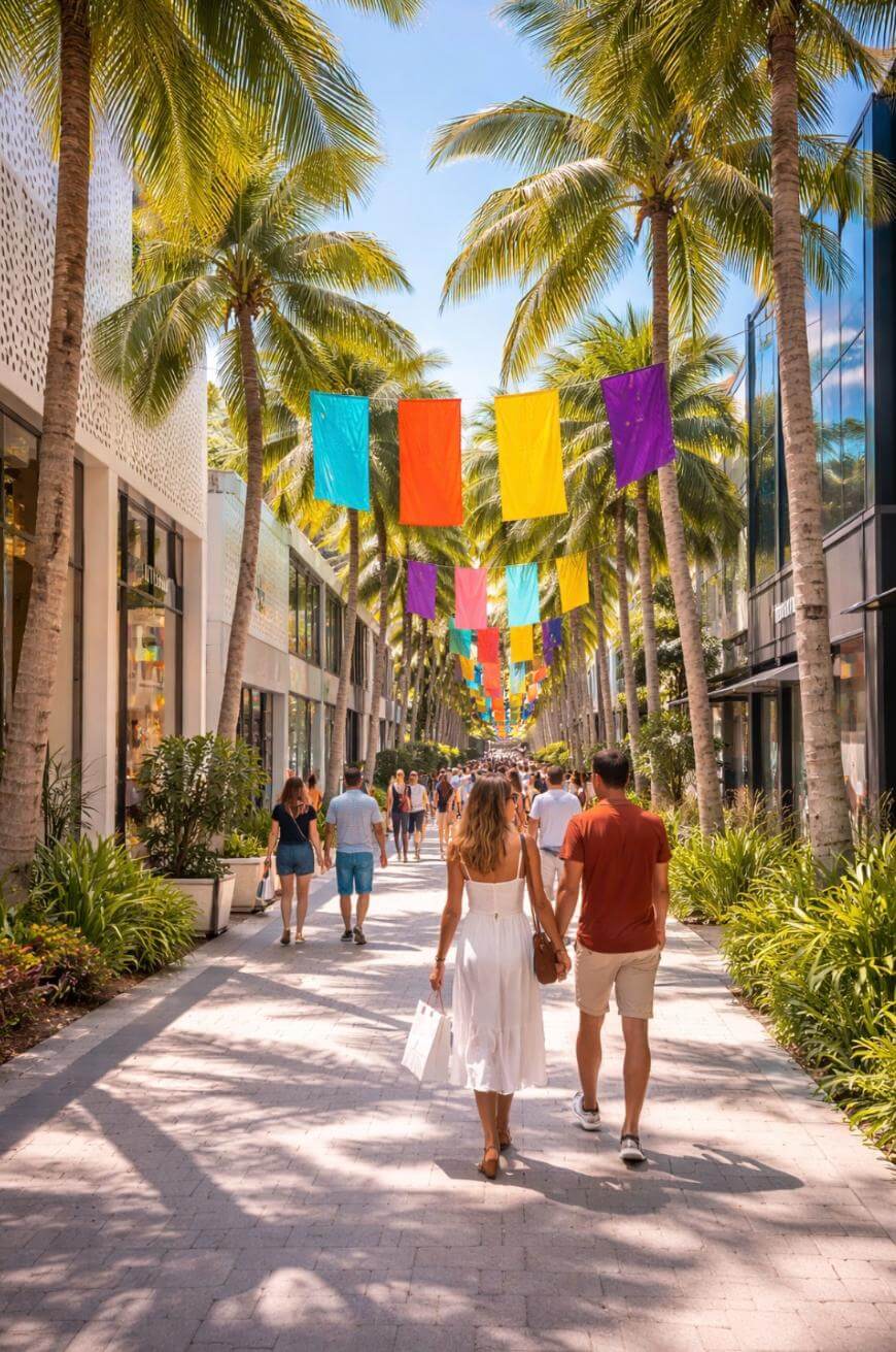 People walk along a palm tree-lined outdoor shopping street decorated with colorful hanging flags, under a bright blue sky. Storefronts and lush greenery line both sides of the sunny path.