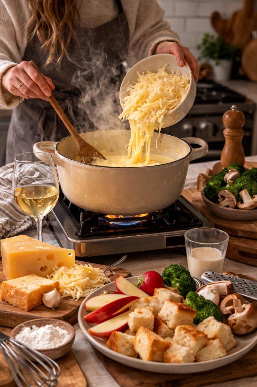 A person stirs a pot of melting cheese on a stove, adding shredded cheese. Surrounding the pot are a glass of white wine, cheese, milk, vegetables, bread cubes, and sliced apples, ready for fondue. Steam rises from the pot.