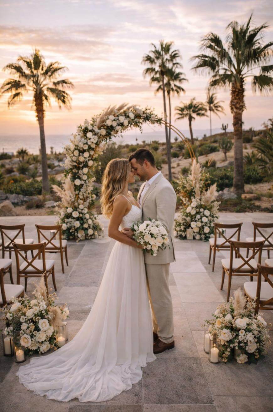 A bride and groom stand close, gazing at each other, at an outdoor wedding ceremony decorated with flowers and candles. Palm trees and a sunset sky create a romantic, tropical backdrop.