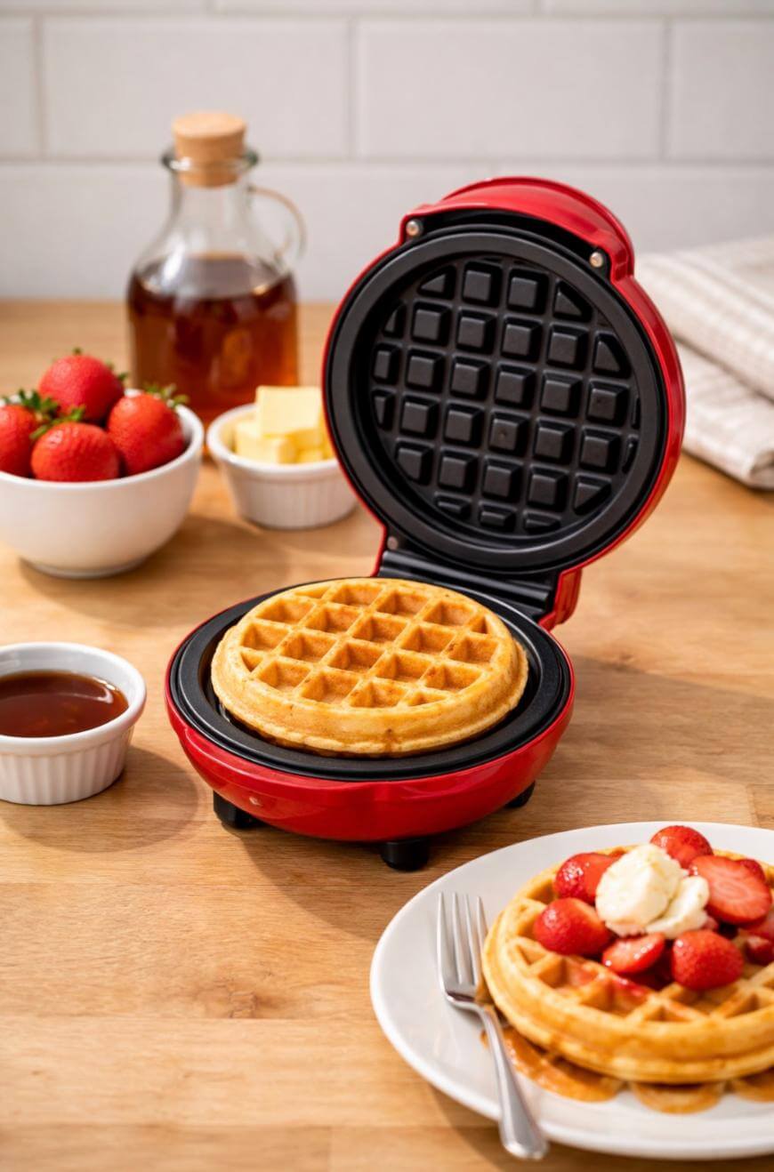 A red waffle maker with a cooked waffle inside sits on a wooden counter. Nearby are plates of waffles with strawberries and butter, a bowl of strawberries, syrup, and a glass jar of maple syrup.