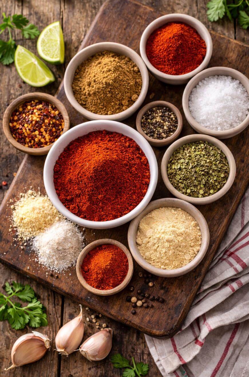 A variety of spices and seasonings in small bowls on a wooden board, including paprika, oregano, salt, black pepper, red pepper flakes, garlic powder, and onion powder, with lime wedges, garlic, and parsley nearby.