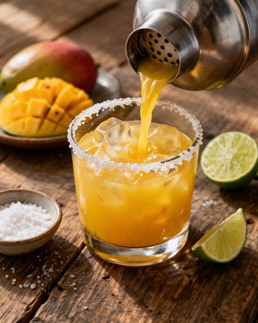 A glass with a salted rim filled with ice is being poured a yellow drink from a shaker. Fresh mango, lime, and a bowl of salt are on a rustic wooden table nearby.