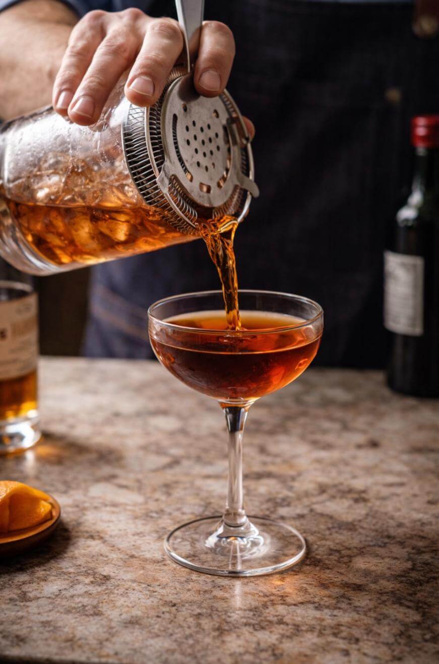A person pours a brown cocktail from a mixing glass through a strainer into a coupe glass on a marble countertop, with a bottle and orange peel visible nearby.