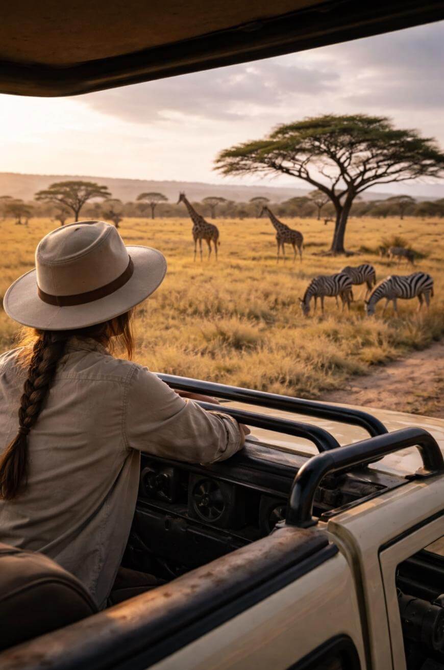 A person wearing a wide-brimmed hat and braid observes giraffes and zebras grazing on a grassy savanna from an open-top safari vehicle at sunset, with acacia trees in the background.