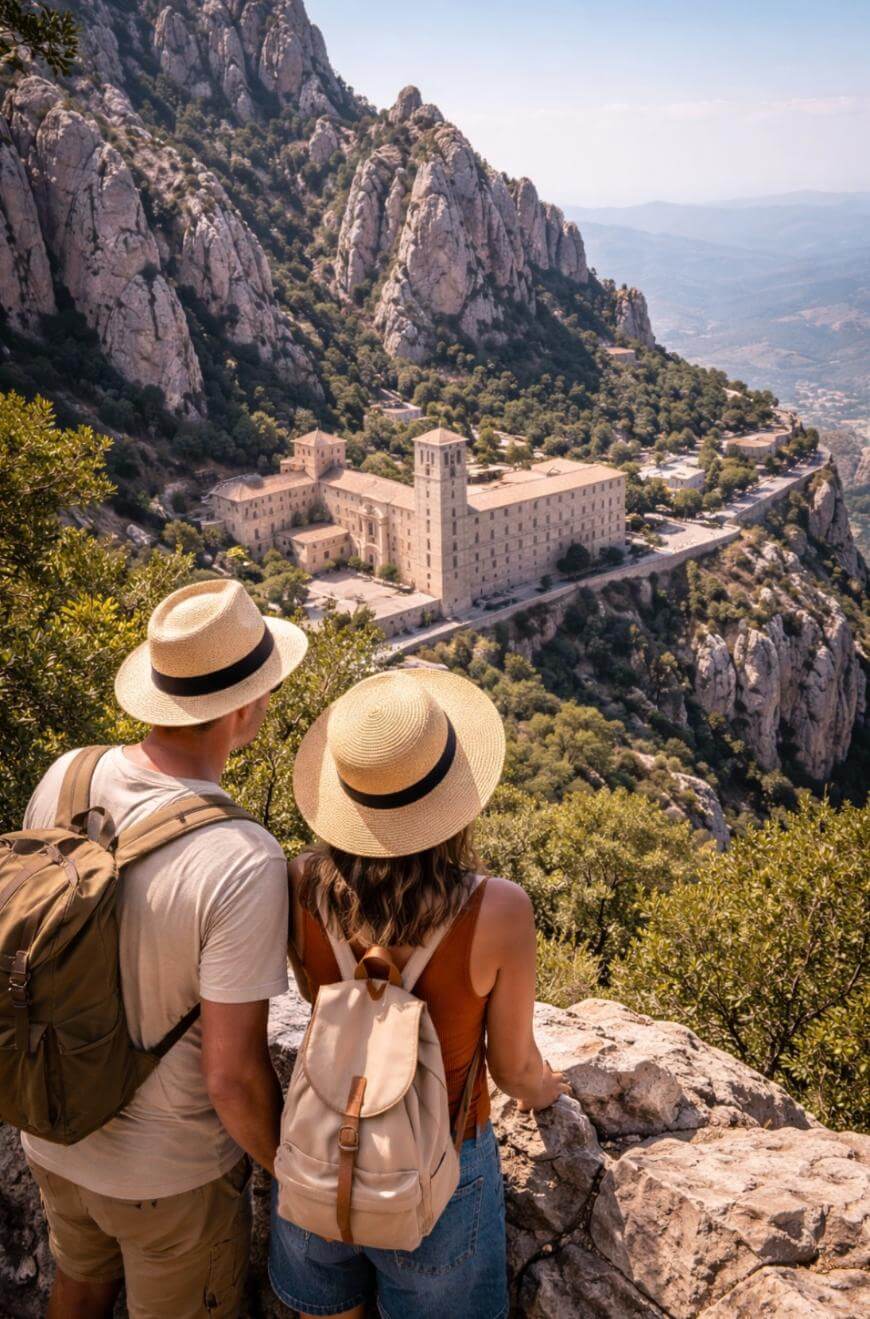 Two people wearing hats and backpacks stand on a rocky ledge, overlooking a historic building nestled in a mountainous landscape with rugged cliffs and greenery under a clear sky.