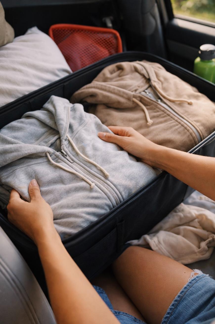 A person packing two hoodies, one gray and one beige, neatly into a black suitcase on a car seat; a pillow, water bottle, and mesh bag are visible nearby.