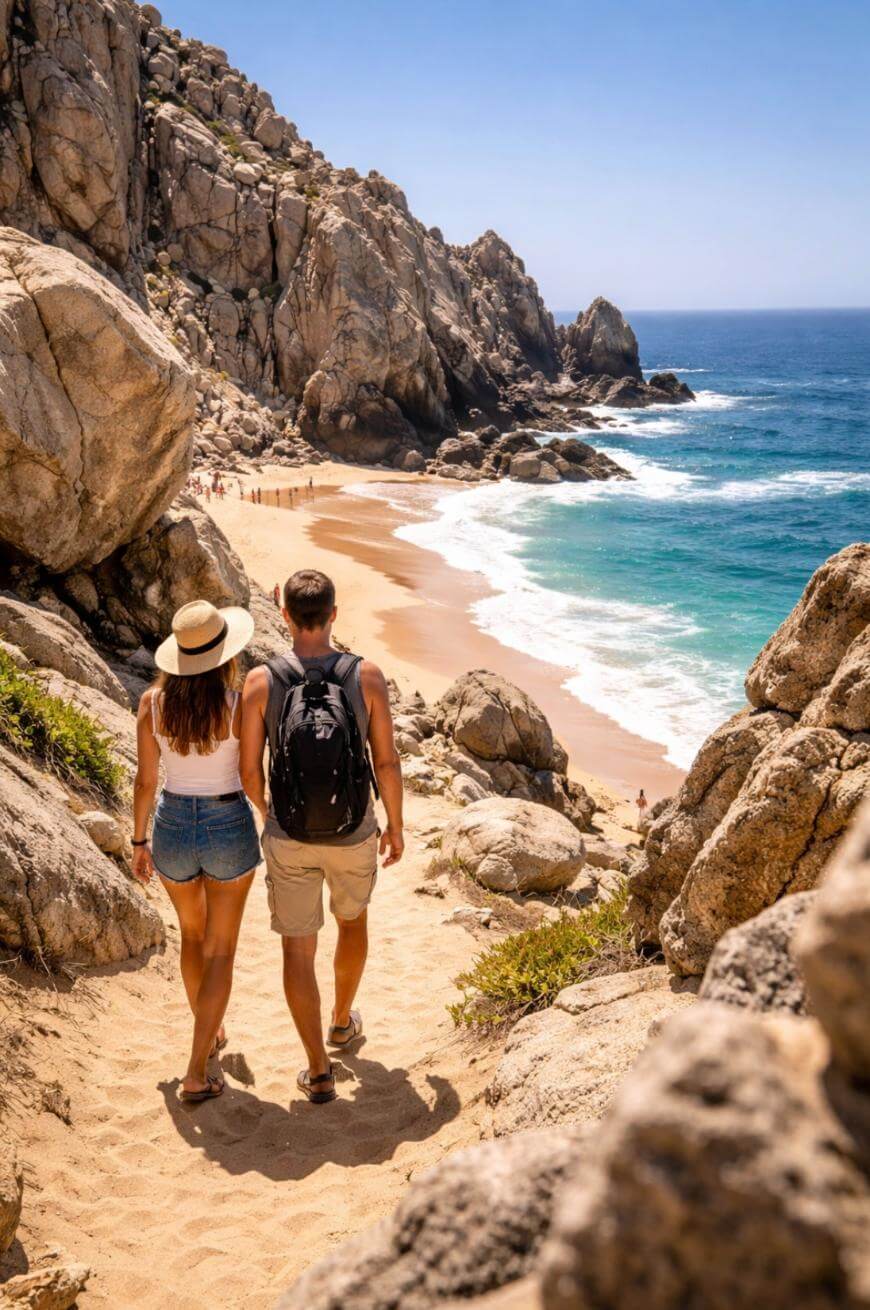 A couple walks down a sandy path between rocky cliffs toward a secluded beach with turquoise waves under a clear blue sky.