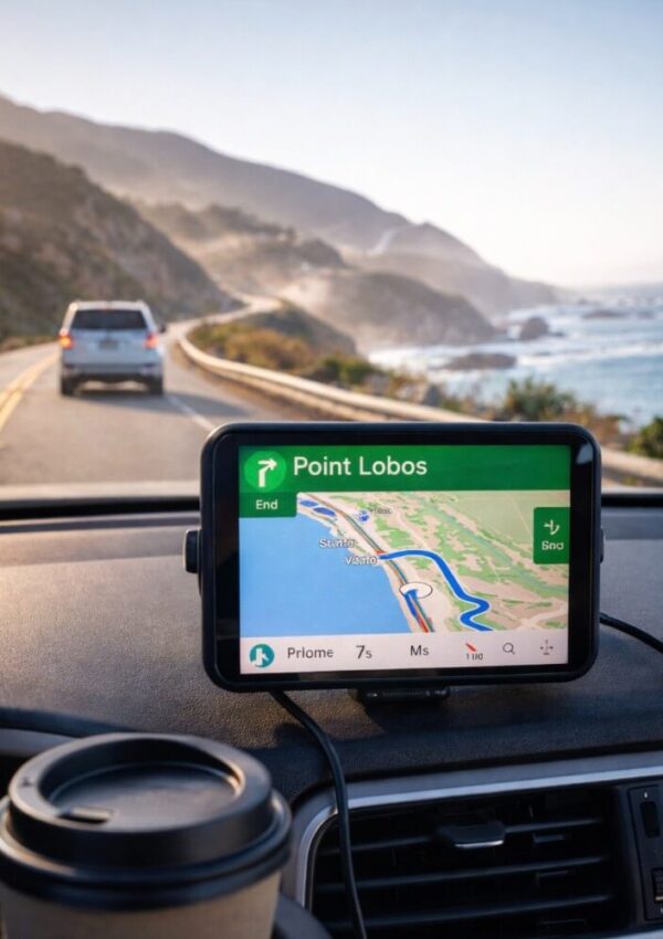 A GPS screen on a car dashboard displays directions to Point Lobos while driving along a scenic coastal highway. A coffee cup sits nearby, and another car is ahead on the winding road with ocean and mountains in the background.