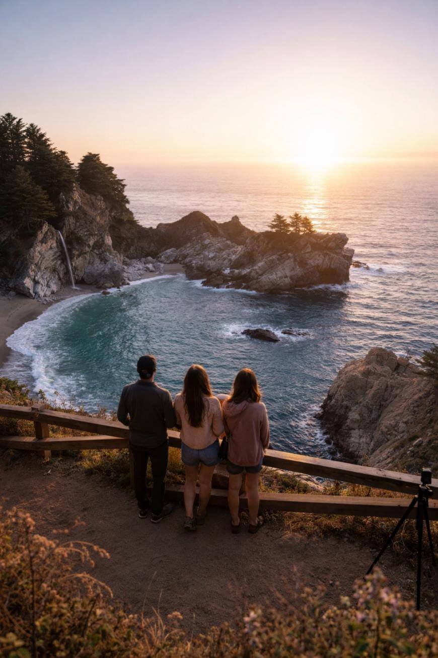 Three people stand at a wooden fence overlooking a scenic coastal cove with a waterfall, rocky cliffs, and the sun setting over the ocean. Wildflowers and a tripod are visible in the foreground.