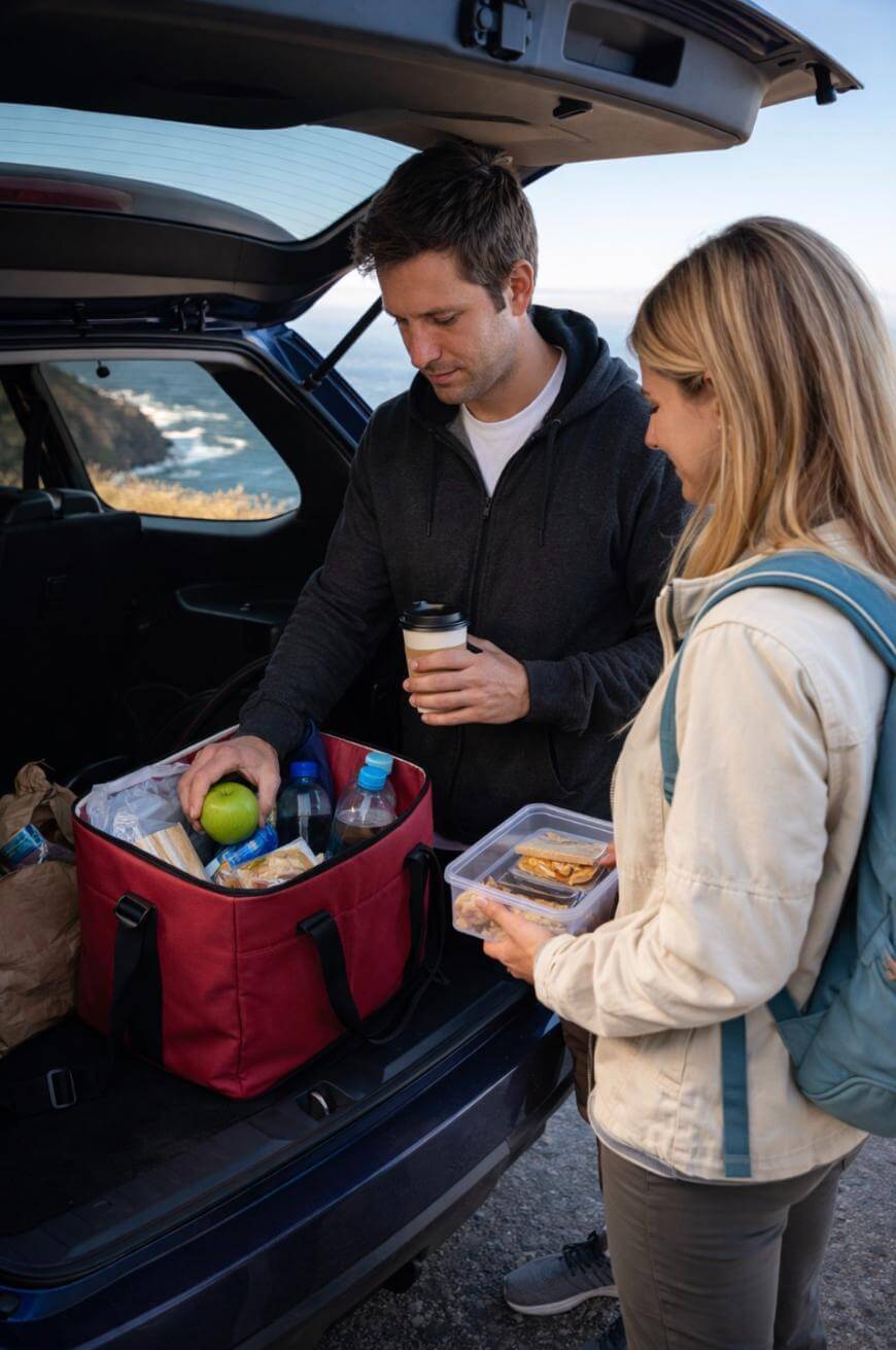A man and woman stand by an open car trunk near the coast, preparing food. The man holds a coffee cup and reaches into a red cooler bag filled with snacks and drinks, while the woman holds a container with a sandwich.