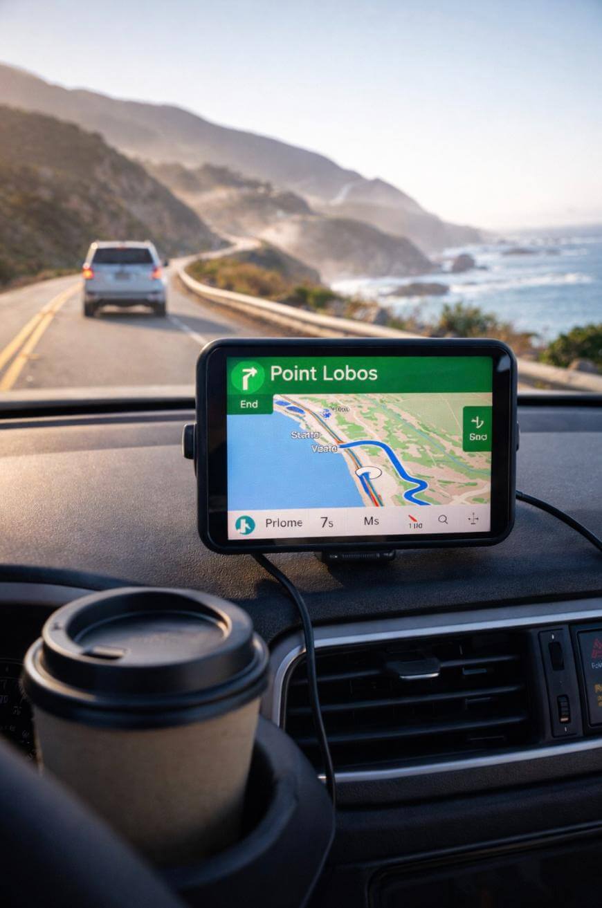 A car drives along a coastal highway with a scenic ocean view; a GPS screen on the dashboard displays directions to Point Lobos, and a takeaway coffee cup sits in the cup holder.