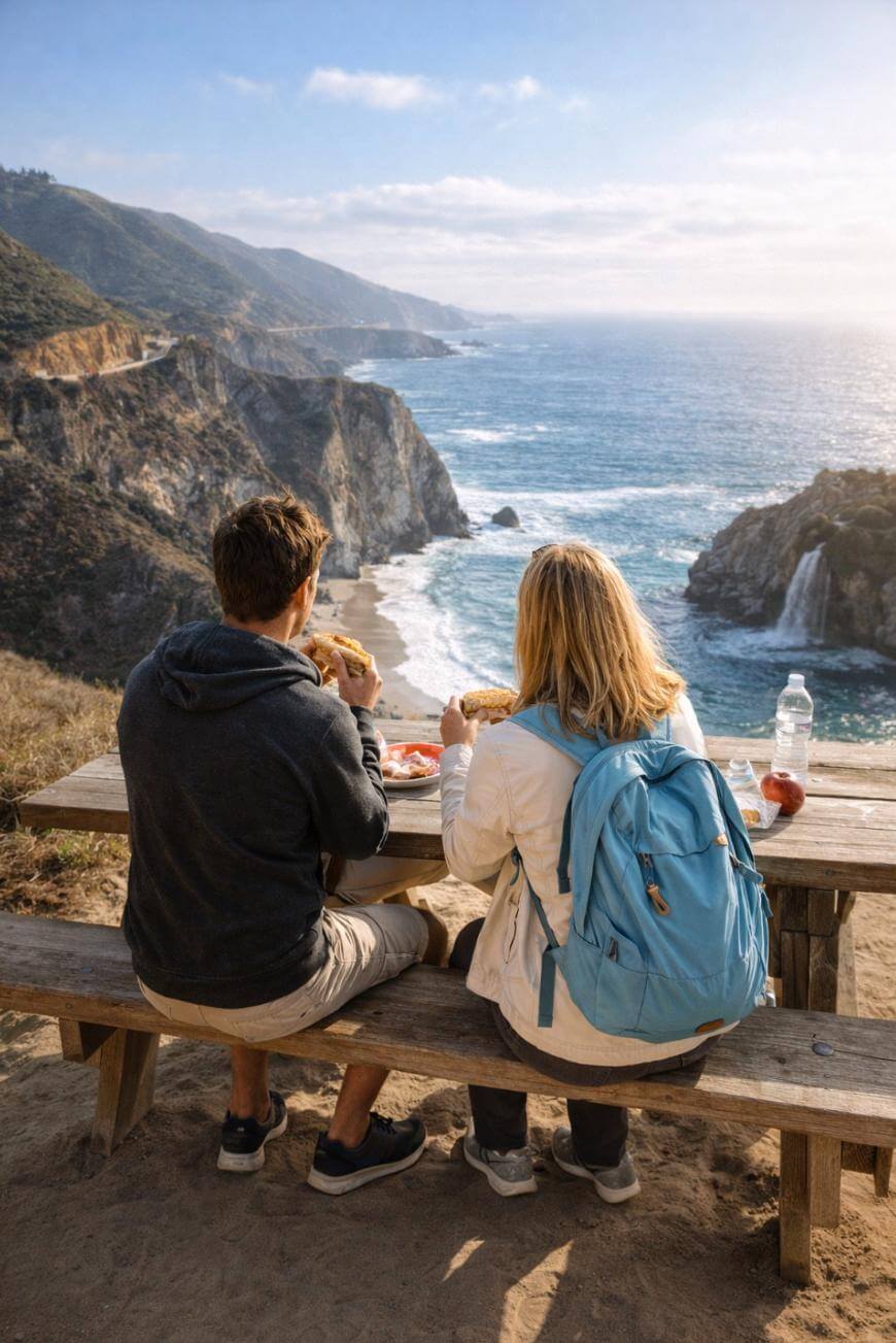 Two people sit at a picnic table eating sandwiches, overlooking a scenic coastline with cliffs, ocean waves, and a waterfall under a partly cloudy sky. A blue backpack sits beside them on the bench.