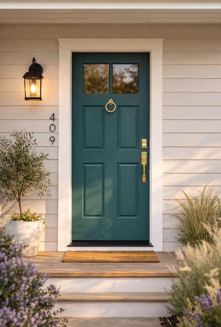 A teal front door with a brass knocker and handle, set in a white-framed entryway. The house number 409 is displayed vertically beside the door. Potted plants and a doormat decorate the wooden porch.