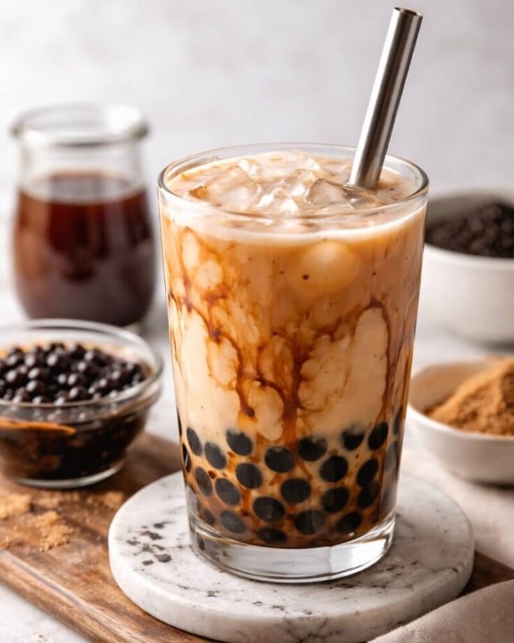 A glass of iced bubble tea with dark tapioca pearls, swirls of milk, and a metal straw, surrounded by ingredients like brown sugar, black pearls, and syrup on a light background.