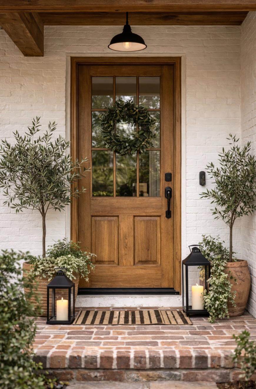 A wooden front door with glass panes is decorated with a green wreath. Potted plants and lanterns with candles sit on either side of the entry, atop a brick porch with a striped doormat.