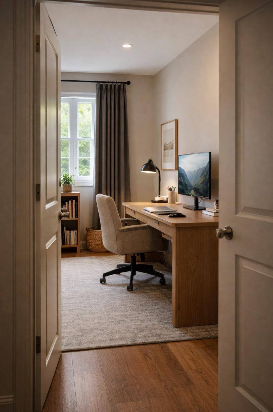 A cozy home office with a wooden desk, computer, office chair, desk lamp, bookshelf, and window with gray curtains. The room has neutral colors, framed art on the wall, and a rug over wooden flooring.