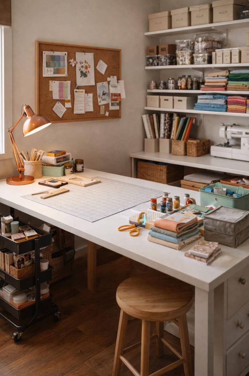 A well-organized craft room with a large table, crafting supplies, fabrics, scissors, paints, a sewing machine, shelves with boxes, and a corkboard on the wall; a wooden stool sits by the table.