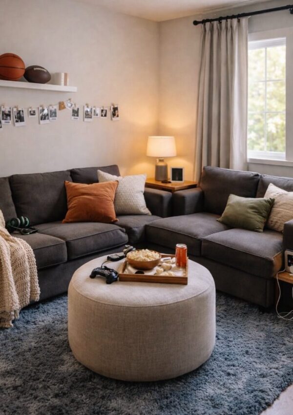 Cozy living room with two gray sofas, pillows, a beige round ottoman holding snacks and drinks, game controllers, a lamp, polaroid photos on a string, sports balls on a shelf, and a window with light curtains.