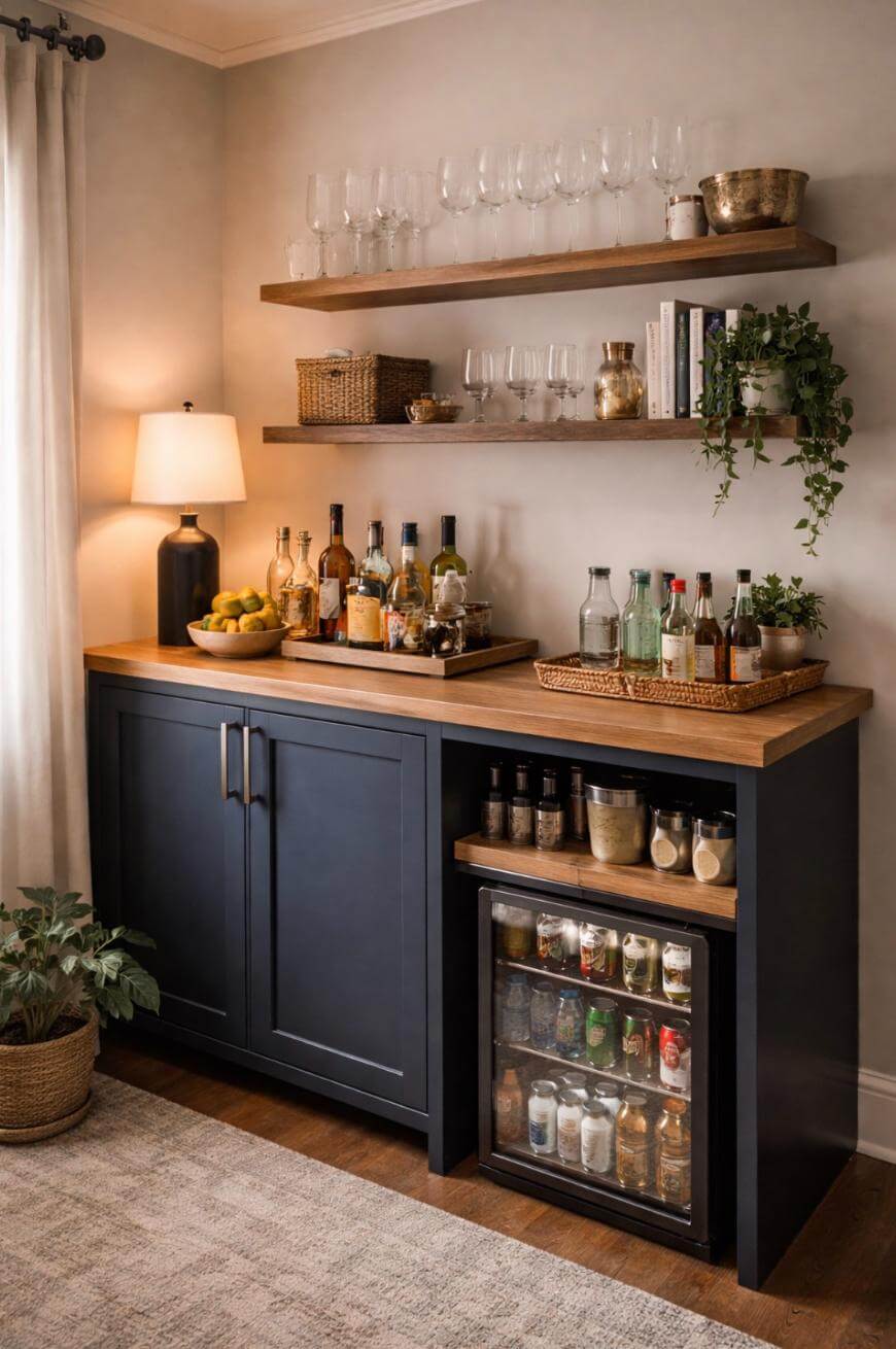 A stylish home bar features black cabinets, a mini fridge stocked with drinks, wooden shelves with glasses and decor, various bottles on the counter, a lamp, a potted plant, and soft natural lighting.