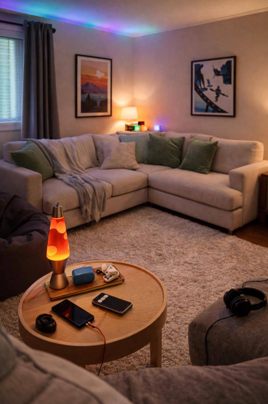 A cozy living room with an L-shaped beige sofa, green cushions, framed wall art, and a lit lava lamp on a round wooden coffee table. Electronics, headphones, and a phone are on the table; soft lighting creates a warm atmosphere.
