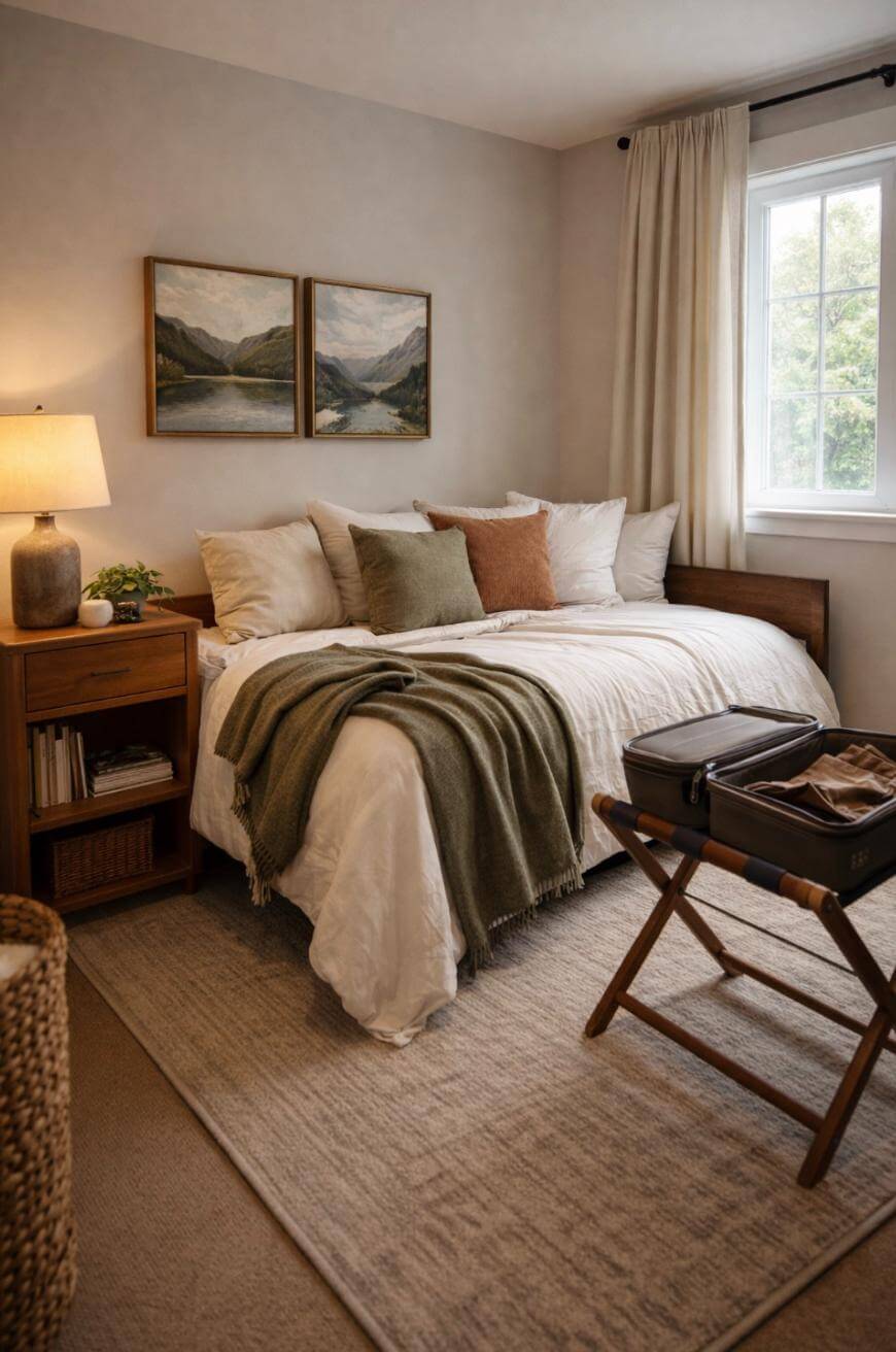 A cozy bedroom with a neatly made bed featuring white and earth-toned pillows and a green throw blanket, a nightstand with a lamp and plant, large window with cream curtains, and an open suitcase on a folding stand.