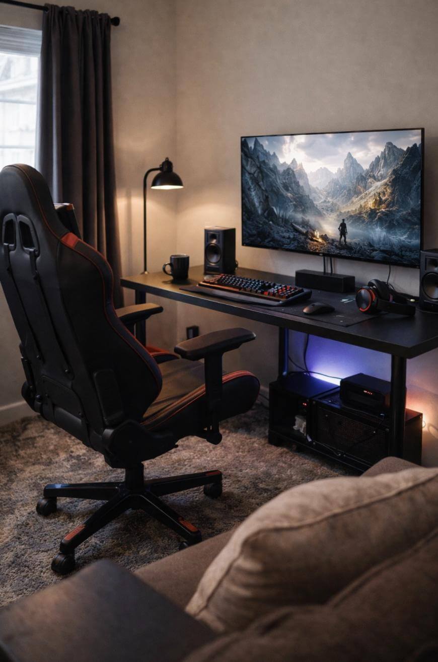 A modern gaming setup with a large monitor displaying a fantasy landscape, gaming chair, keyboard, mouse, headphones, speakers, desk lamp, and a coffee mug on a tidy black desk in a carpeted room.