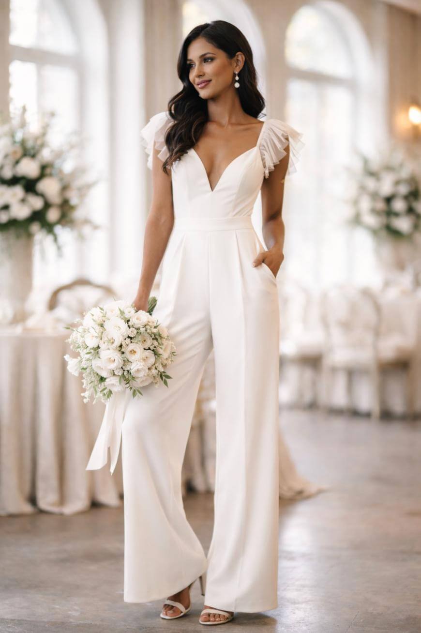 A woman in a white bridal jumpsuit with ruffled sleeves holds a bouquet of white flowers, standing in an elegant, softly lit venue with floral arrangements and round tables in the background.
