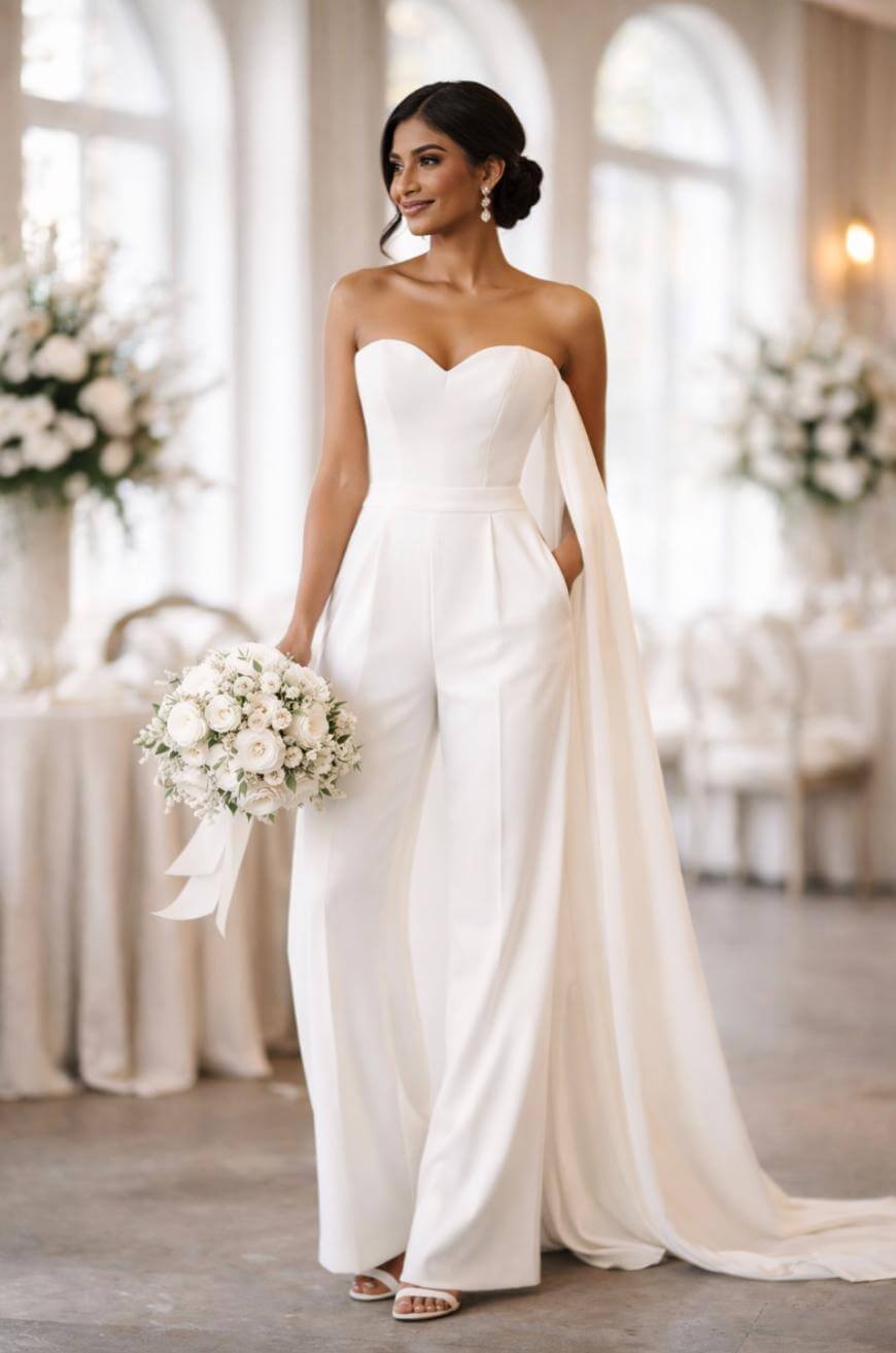 A woman in a strapless white bridal jumpsuit with a flowing sash stands indoors, holding a bouquet of white flowers. The elegant setting features large windows and tables decorated with white floral arrangements.