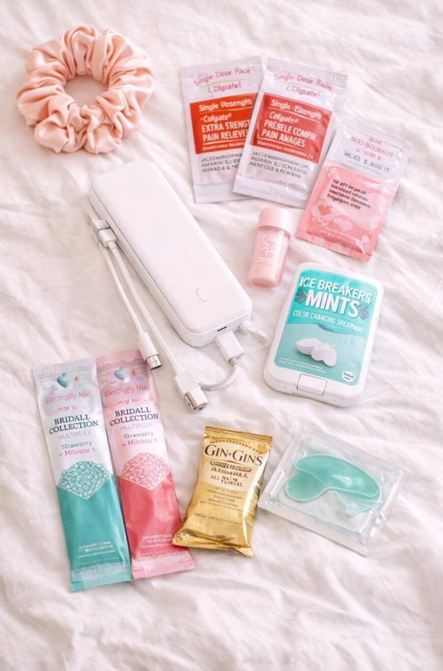 A flat lay of essentials on a white fabric: a pink scrunchie, pain relief packets, lip balm, a white portable charger with cables, Ice Breakers mints, two granola bars, ginger chews, and a green facial roller.
