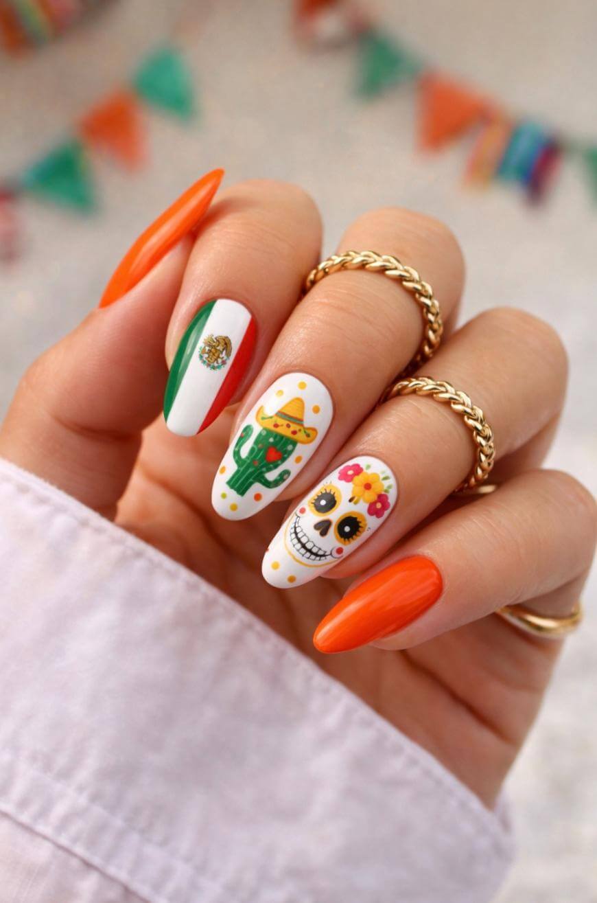A hand with long, colorful nails featuring Mexican-themed nail art: a cactus with a sombrero, a sugar skull, the Mexican flag, and solid orange nails; gold rings on the fingers and festive bunting in the background.