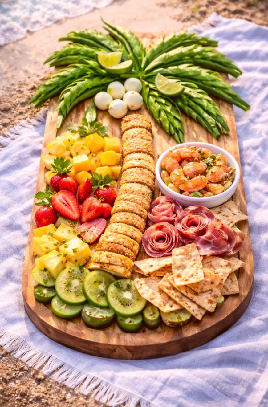 A tropical-themed charcuterie board on a wooden tray features snap peas arranged as palm leaves, assorted fruits, crackers, meats, cheeses, flatbreads, a bowl of shrimp, and lime wedges, set on a white cloth.
