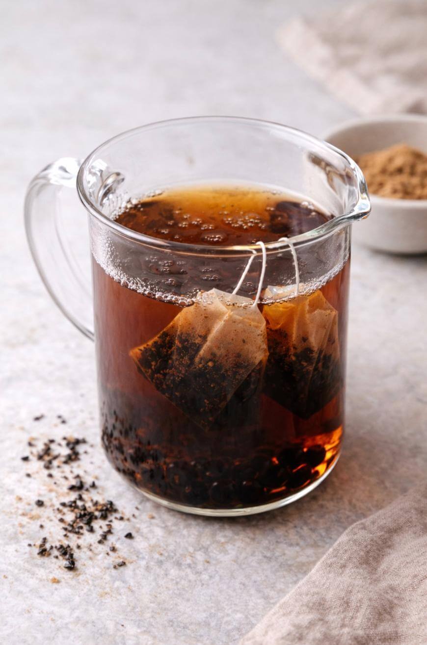 A glass pitcher filled with dark brewed tea and two tea bags, with loose tea leaves scattered nearby on a light surface. A small bowl of brown sugar sits in the background.