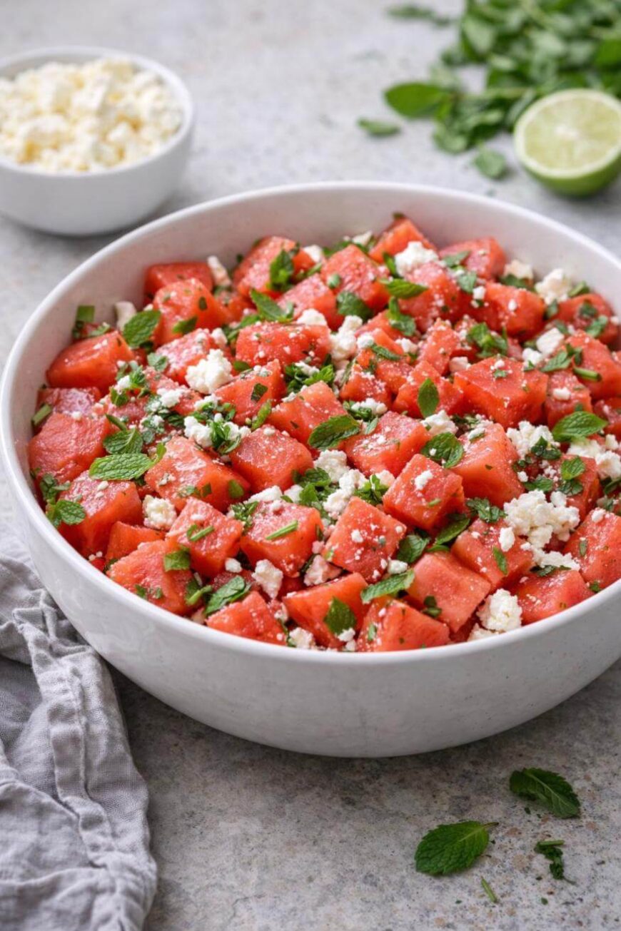 A large white bowl filled with watermelon cubes, fresh mint leaves, and crumbled feta cheese. A bowl of feta, lime half, and fresh mint are in the background on a light surface.