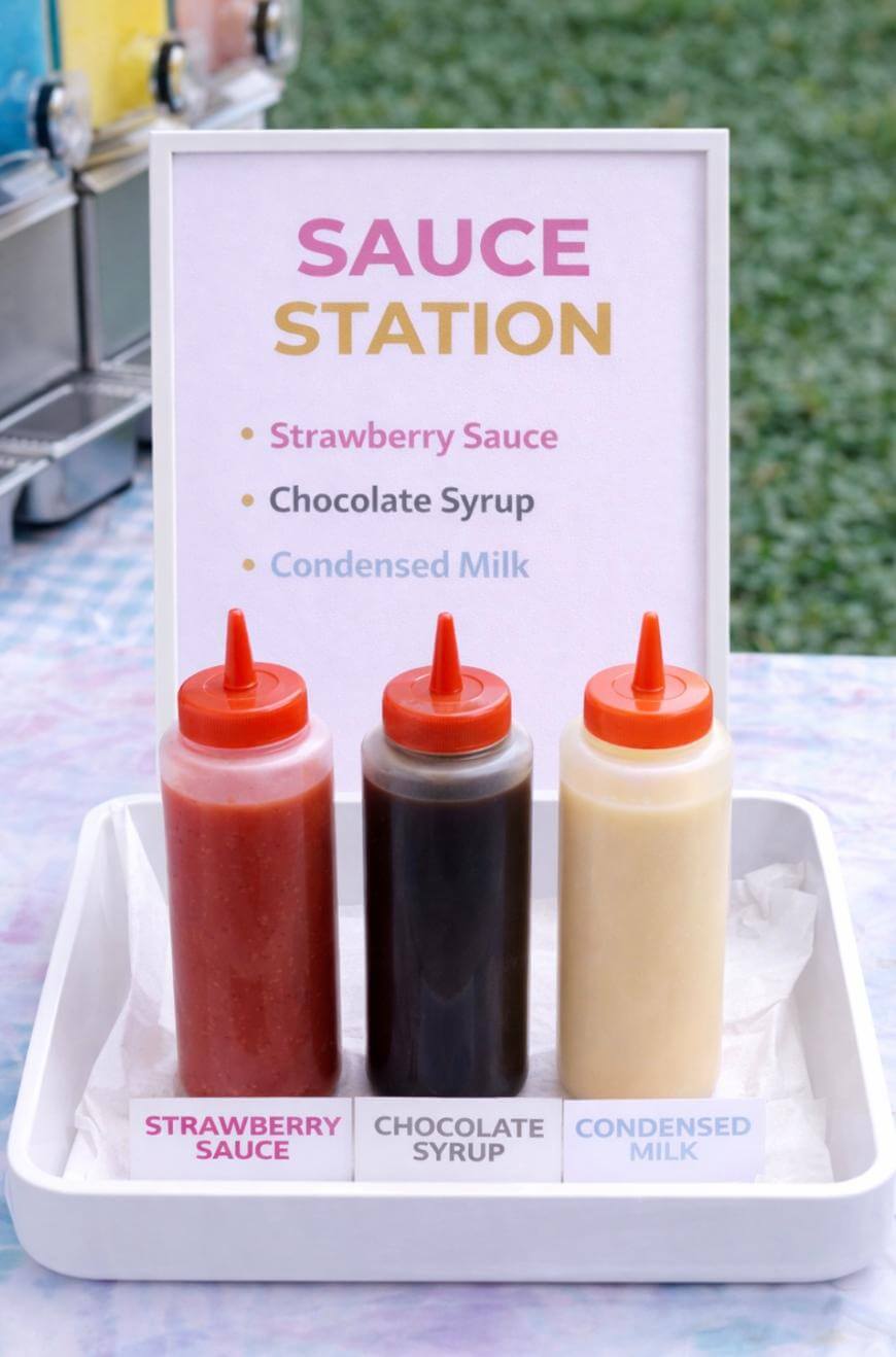Three squeeze bottles labeled strawberry sauce, chocolate syrup, and condensed milk sit in a white tray in front of a sign that reads Sauce Station with a list of the available sauces.